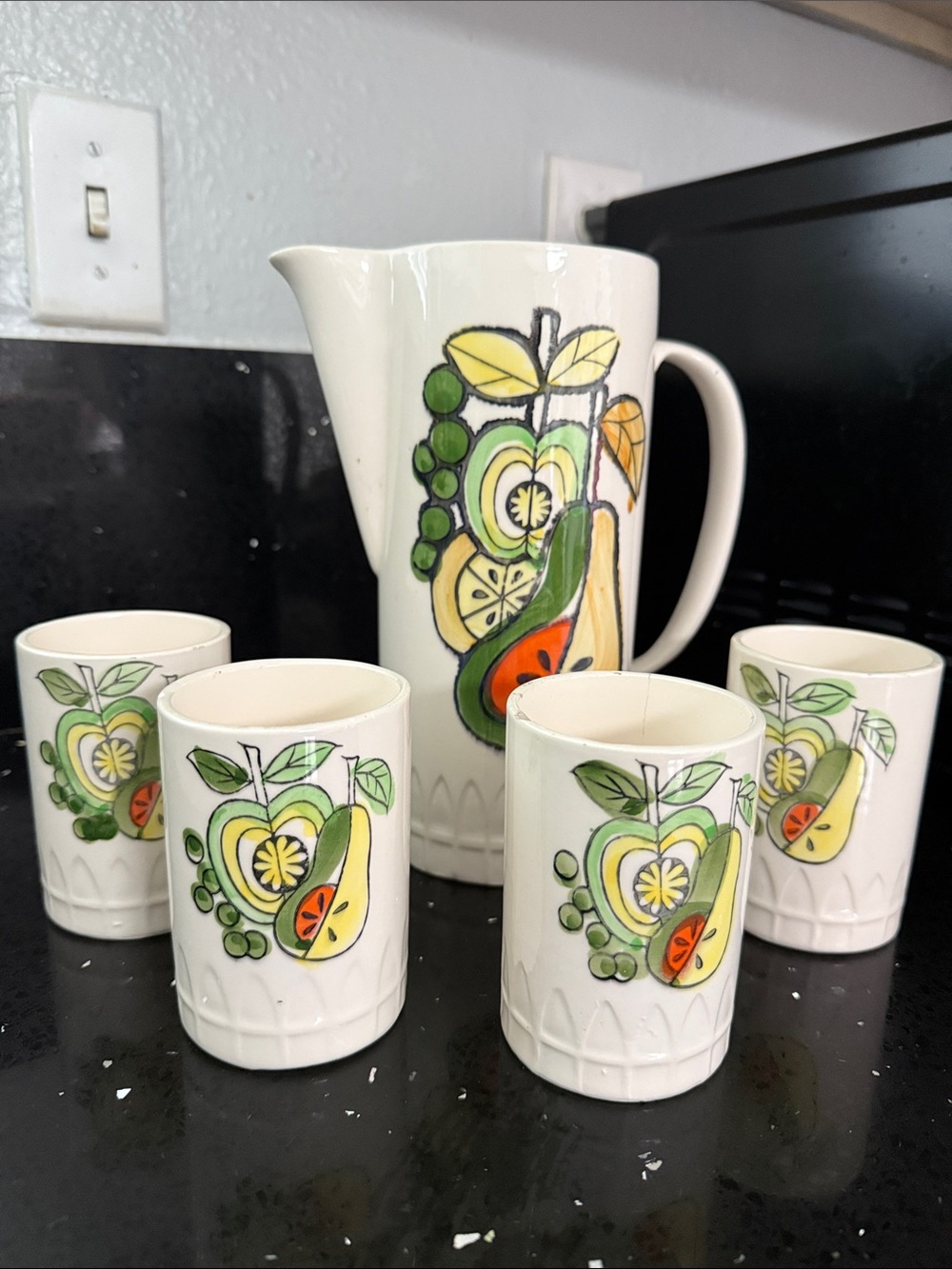 Retro Fruit Ceramic Pitcher and Tumbler Set - White with Green, Yellow, Orange